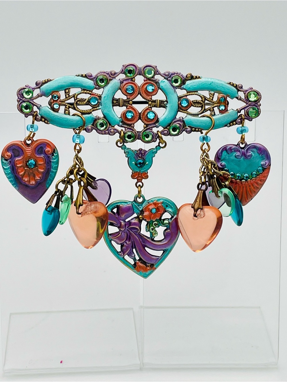 Turquoise & Purple Heart Charm Dangle Brooch — Colorful Enamel Hearts
